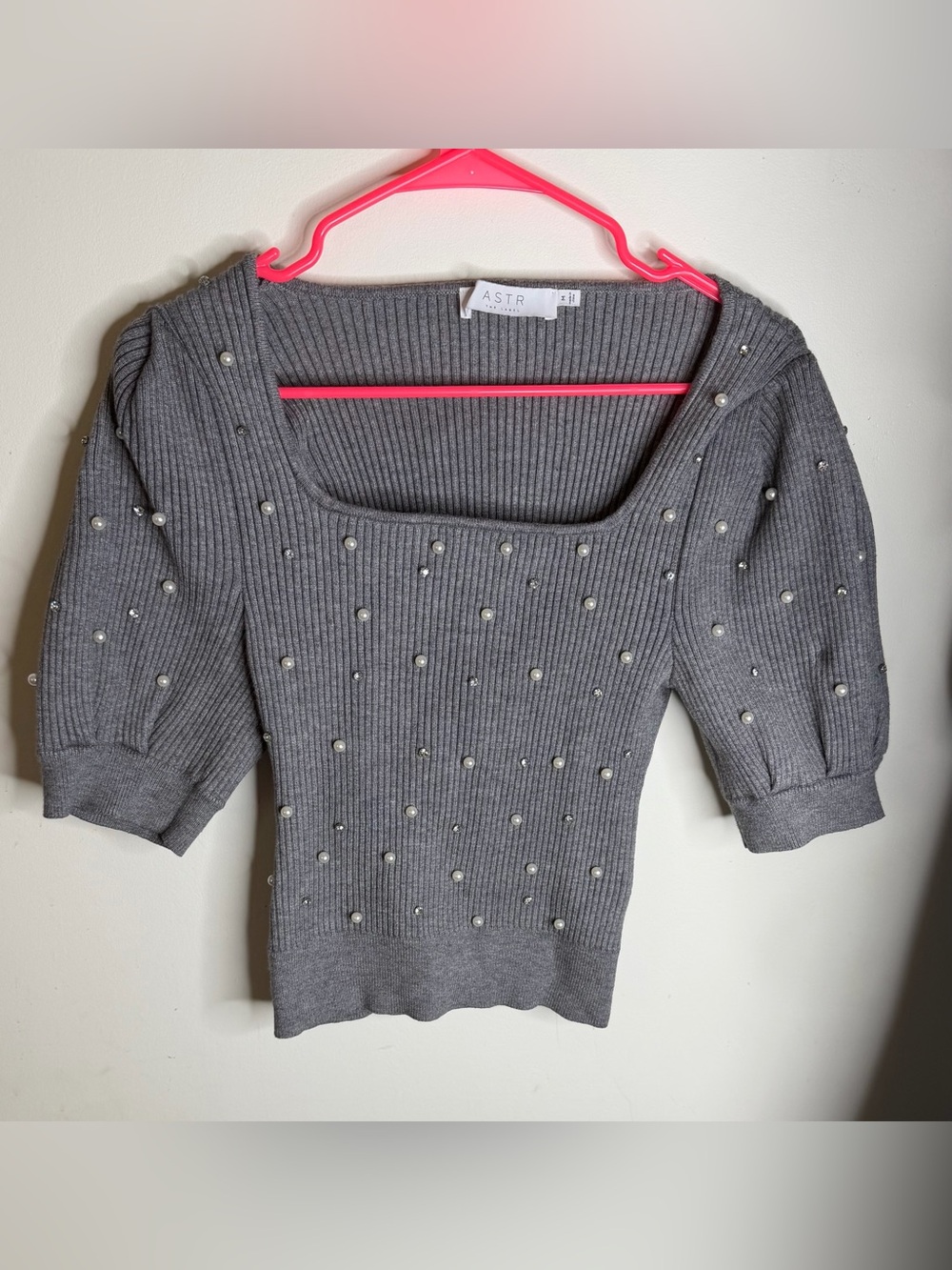 ASTR the label Gray Pearl-Studded Ribbed Square-Neck Sweater